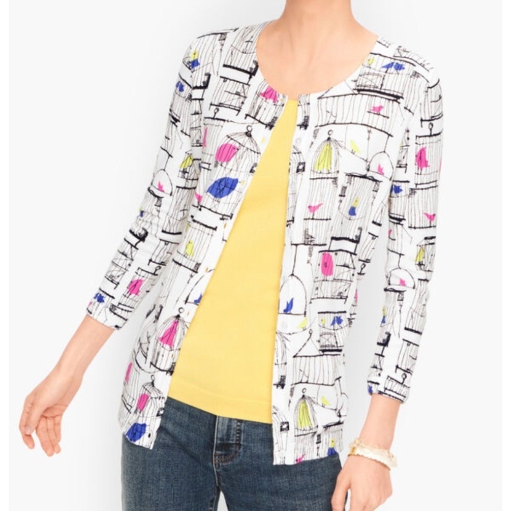 Talbots Womens Birdcage Bird Print Button Front Cardigan Sweater White Medium M